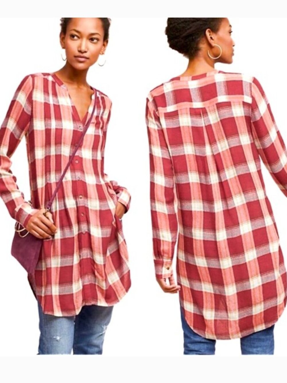 Anthropologie Akemi + Kin Lucie Red Plaid Tunic Top Shirt Size Small NWT - Picture 3 of 11